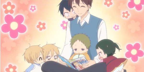 Crianças abraçando Ryuuichi enquanto ele lê um livro